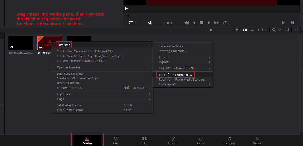 Import videos and Select Reconform From Bins